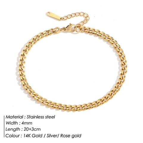 Tobillera de Eslabón Cubano de Acero Inoxidable para Hombre Mujer Chapado en Oro de 14K Impermeable Cadena Curb Joyería