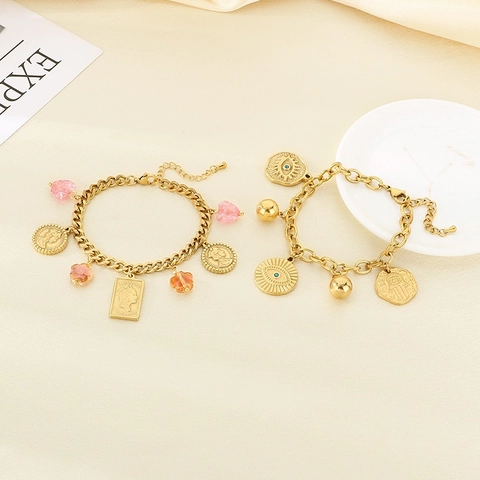 Vintage Stainless Steel Charm Bracelet For Women With Heart Evil Eye And Portrait Coin Pendants Gold Plated Jewelry