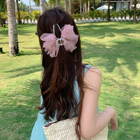 Grande Fermaglio Per Capelli Fiocco Doppio Lato Rete Organza Fiore Chiffon Pinza Squalo Fatto A Mano Elegante Stile Fata Donne