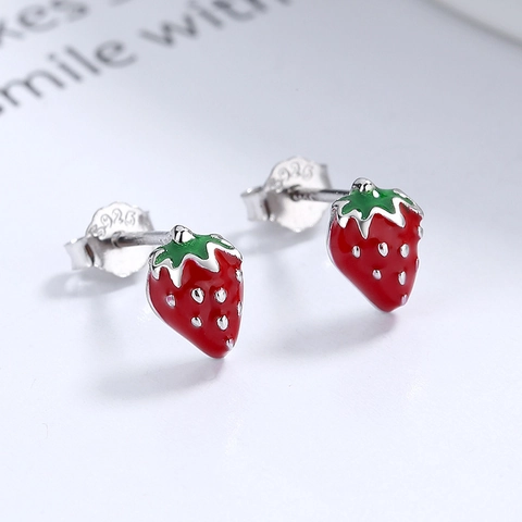 Pendientes de Botón de Fresa Lindos para Mujer Pendientes de Fruta Roja Con Poste de Plata de Ley 925 Joyería Fresca Dulce