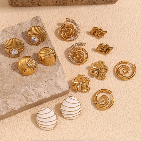 Vintage 18K Gold Plated Stainless Steel Stud Earrings For Women With Zircon Conch Shell Sailboat Flower Geometric Design