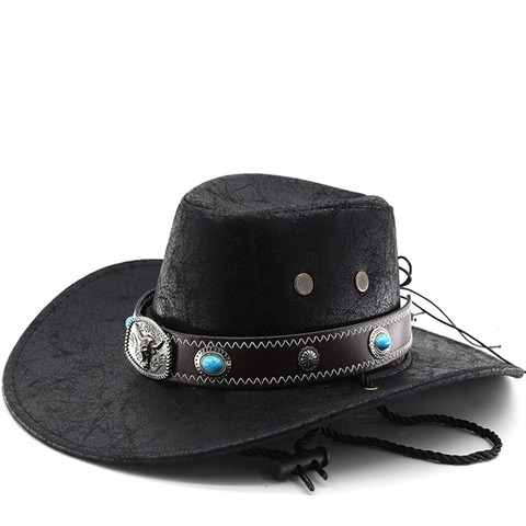 Cappello Da Cowboy Occidentale Ecopelle Trama Crepata Tesa Larga Cappello Da Cavaliere Con Testa Di Toro In Metallo Borchie Turchesi