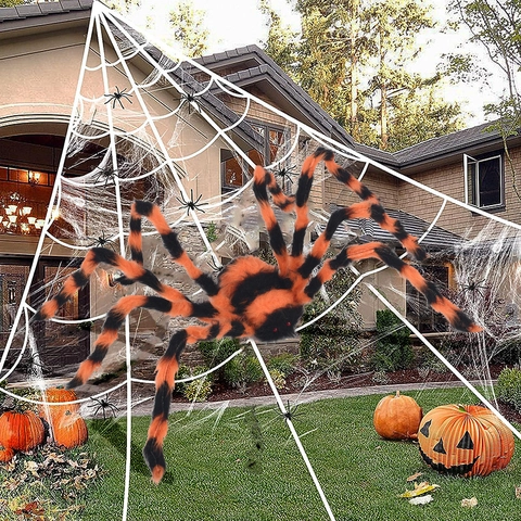 Halloween Riesenspinne Dekoration Plüsch Pelzig Schwarz Orange Gestreift Biegbare Beine Requisite Außenbereich Spukhaus Dekor
