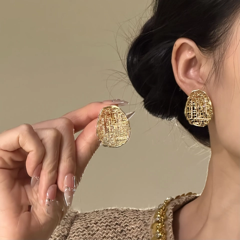 Vintage Hohl Gitter Oval Ohrstecker Mit Zirkon Vergoldetes Metall Und Silver Earring Post Für Damen Eleganter Schmuck