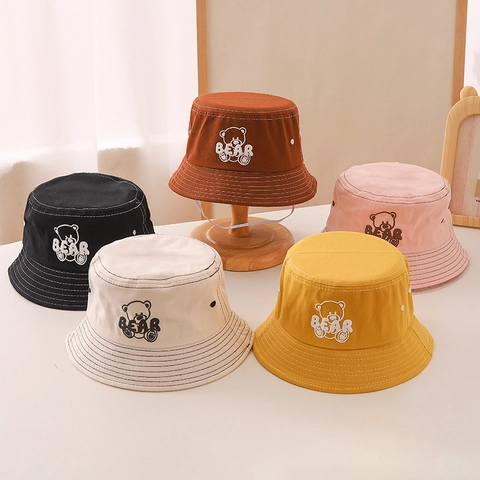 Cappello Da Pescatore Per Bambini Cotone Ricamo Orso Cartone Animato Protezione Solare All'aperto Per Ragazzi Ragazze Con Corda