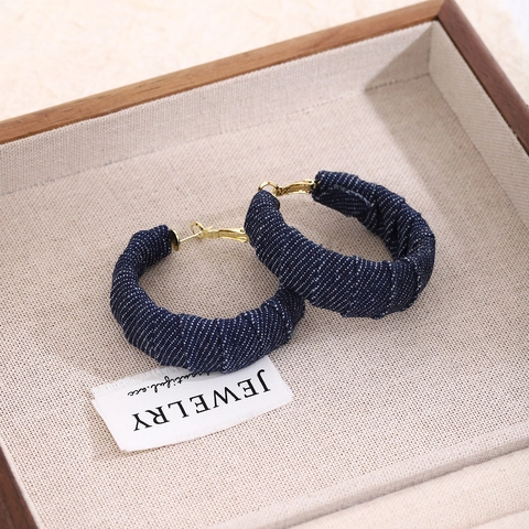 Denim Fabric Polka Dot Hoop Earrings With Earring Post Retro Vintage Fashion Jewelry For Women Geometric Accessories