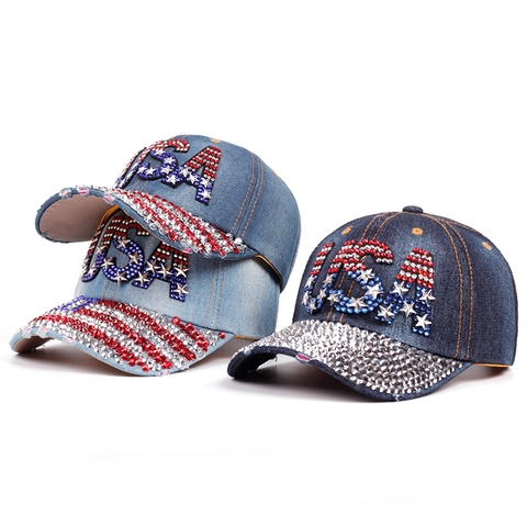 USA Strass Denim Honkbalpet Amerikaanse Vlag Stijl Zonnescherm Gewassen Verstelbare Modieuze Outdoor Pet