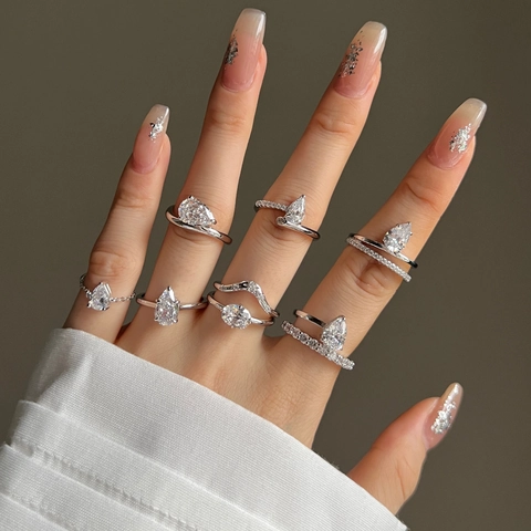 S925 Sterling Zilver Peerslijpsel Zirconia Bruiloft Ring Set Voor Vrouwen Elegante Geometrische Platina Vergulde Sieraden Ring Cadeau