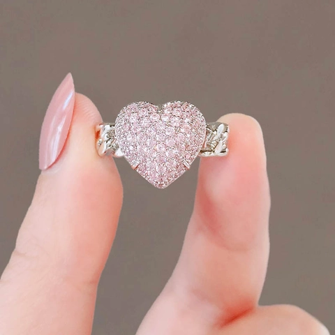Cute Pink Rhinestone Heart Adjustable Ring For Women Copper Sweet Niche Design Chain Band Finger Ring Fashion Jewelry