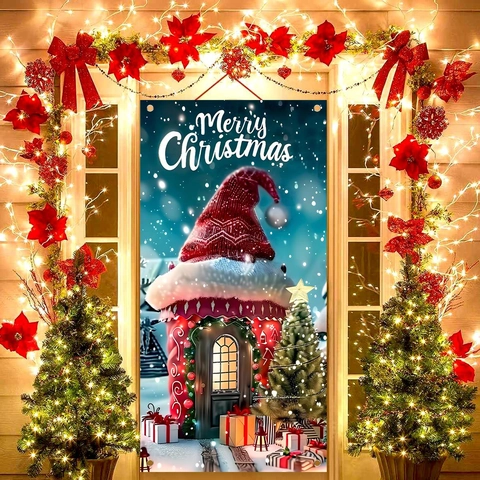 Weihnachts Tür Banner Polyester Hängend Hintergrund Frohe Weihnachten Schneebedecktes Haus Outdoor Garten Deko
