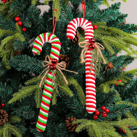 Adornos De Bastón De Caramelo De Navidad De Felpa A Rayas Decoración Colgante Para Árbol De Navidad Con Campanas Y Agujas De Pino