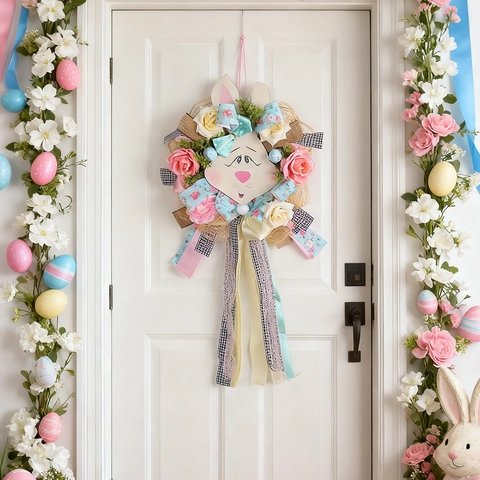 Easter Bunny Wreath With Artificial Roses Colorful Ribbons Burlap Mesh Rabbit Door Hanging Decoration For Holiday Party