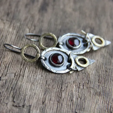 Retro Dangle Earrings Alloy Antique Silver Brass Tone With Red Stone Geometric Triangular Oval Hollow Ethnic Gypsy Style