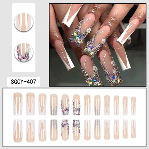 Press On Nails Long Coffin White V French Tips With 3D Flowers And Rhinestones Luxury Elegant False Nails For Women