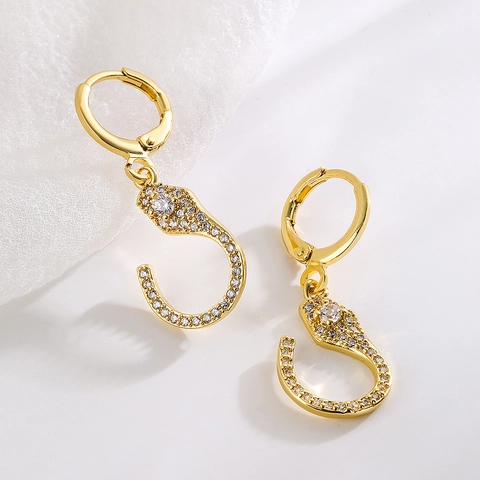 Snake Hoop Earrings Copper 18K Gold Plated With Cubic Zirconia Dangle Animal Motif Trendy Jewelry For Women
