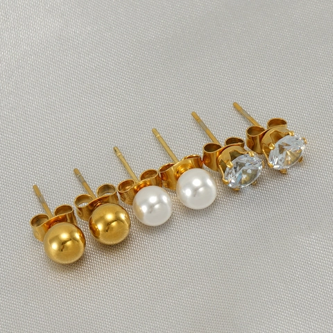 18K Gold Plated Stainless Steel Stud Earrings With Zircon And Faux Artificial Pearl Chic Minimalist Jewelry For Women