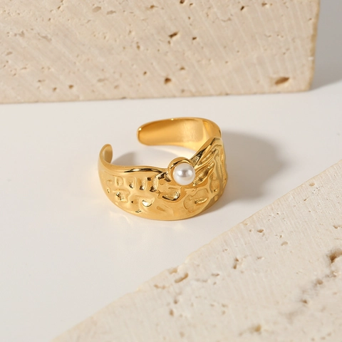 Hammered Artificial Pearl Ring Stainless Steel 18K Gold Plated Lava Texture Adjustable Open Band Vintage Aesthetic Jewelry For Women