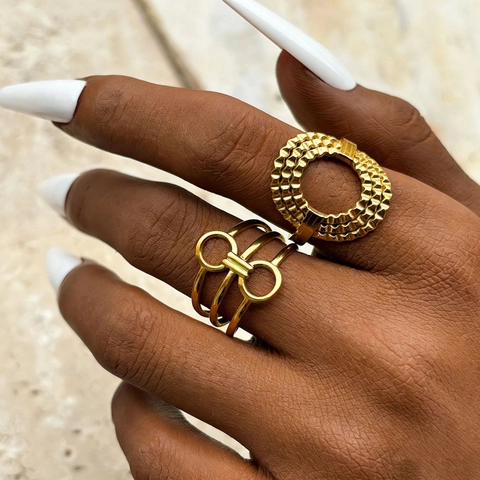 Stainless Steel Geometric Adjustable Ring Hollow Multi Layer Minimalist Metallic Finger Jewelry For Women Stylish