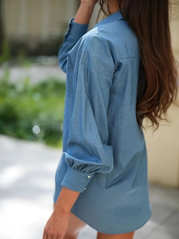 Women Long Lantern Sleeve Shirt Dress Denim Texture Loose Fit Lapel Button Down Solid Color Blouse