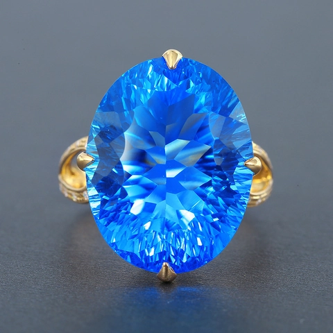 Vintage Ovalen Blauwe Kristallen Ring Koper Verguld Grote Edelsteen Verstelbare Cocktail Vinger Sieraden Voor Dames