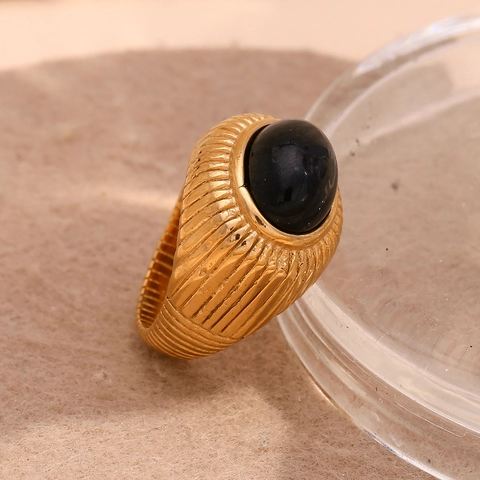 Stainless Steel Ring 18K Gold Plated Black Agate Oval Cabochon Striped Texture Band Retro Vintage Jewelry For Women