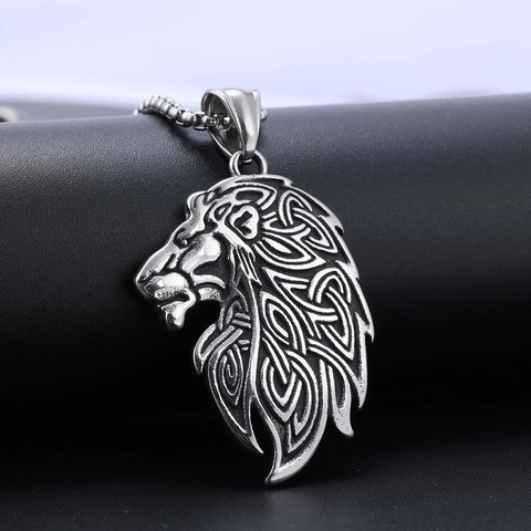 Stainless Steel Lion Head Pendant Necklace Viking Celtic Knot Nordic Totem Vintage Gothic Punk Jewelry For Men Women