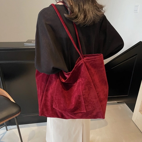 Women Large Capacity Tote Bag Faux Suede Vintage Underarm Shoulder Bag Minimalist Solid Color Commuter Handbag