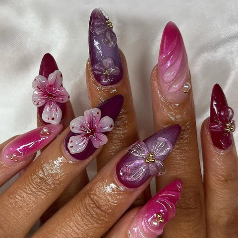 Uñas Postizas Hechas A Mano Almendra Larga Flor 3D Degradado Púrpura Rosa Ojo De Gato Diamantes De Imitación Perla Artificial