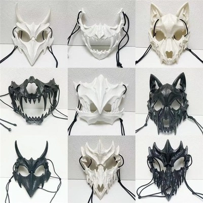 Beast Skeleton Half Face Mask Realistic Bone Texture Plastic Tiger Werewolf Dragon God Cosplay Halloween Party Gothic