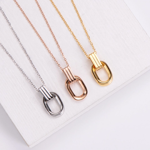 Collana Geometrica Minimalista In Acciaio Inossidabile Con Ciondolo A Doppio Anello E Ovale Stile Coreano Dolce