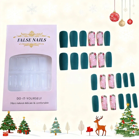 Uñas Postizas De Navidad Verde Mate Patrón De Hojas De Bayas Cuadradas Uñas Artificiales Para Fiesta De Vacaciones Mujeres DIY
