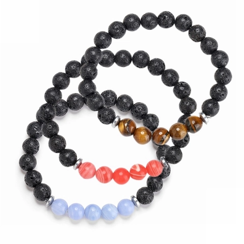 Natural Lava Stone And Tiger Eye Agate Beaded Bracelet For Men Women Elastic Gemstone With Copper Spacers Fashion Gift