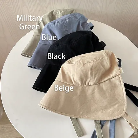 Women Bucket Hat Cotton Long Strap Sun Protection Wide Brim Outdoor Travel Casual Windproof Adjustable