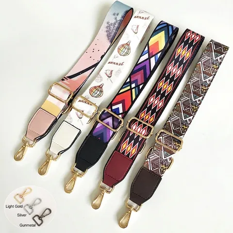 Wide Shoulder Bag Strap Adjustable Ethnic Pattern Polyester Replacement Crossbody Belt With Leather Ends Gold Hooks