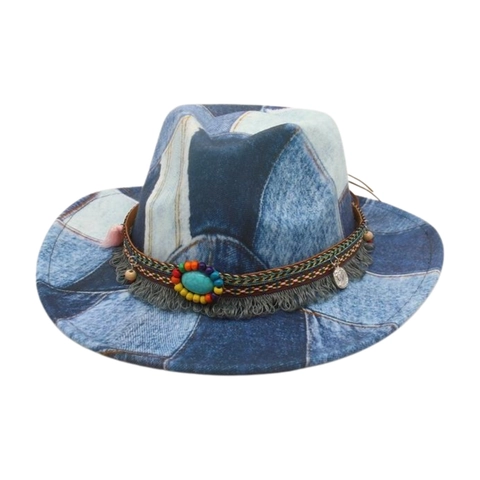Bohemian Denim Patchwork Fedora Hat With Turquoise Tassels Ethnic Cowboy Style Wide Brim Jazz Sun Hat For Women