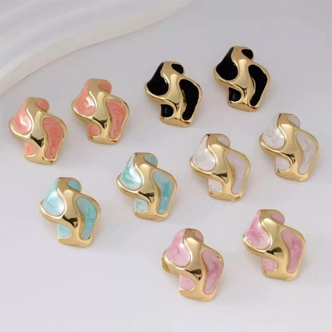 Irregular Geometric Stud Earrings Stainless Steel Colorful Enamel Fluid Line Design Modern Minimalist Jewelry For Women