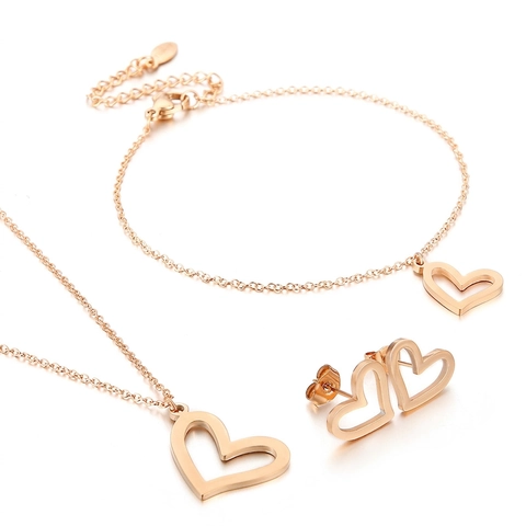 Collana Bracciale E Orecchini Cuore Cavo Gioielli Per Donna Acciaio Inossidabile Accessori Lucidati