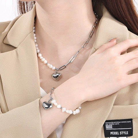 Collana E Bracciale Con Ciondolo A Cuore In Acciaio Inossidabile Con Perla Artificial Barocca Catena A Graffetta Per Donna