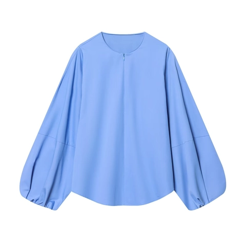 Women Long Sleeve Blouse Zipper Round Neck Lantern Sleeve Poplin Fashion Solid Chic Casual Shirt Top