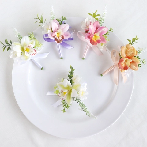 Artificial Orchid Boutonniere And Wrist Flower For Wedding Party Prom Elegant Realistic Satin Floral Decoration Accessories