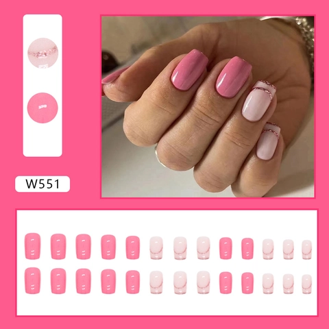 Unghie Finte Rosa Brillante Medio Lunghe Forma Quadrata Glitter Stile Francese Manicure Semplice Elegante Accessori Per Donne