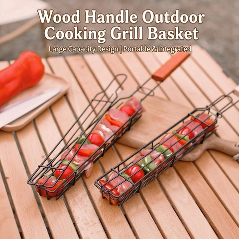 Gabbia Per Griglia Barbecue Portatile Manico In Legno Cesto In Rete Metallica Per Campeggio All Aperto Picnic Barbecue