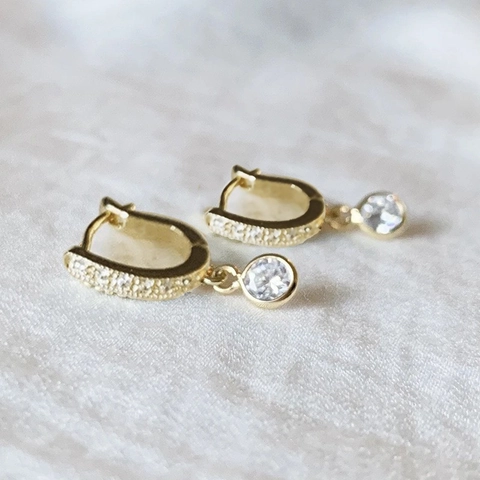 Elegant Gold Plated Brass Hoop Dangle Earrings With Round Cubic Zirconia Women Modern Minimalist Style Jewelry