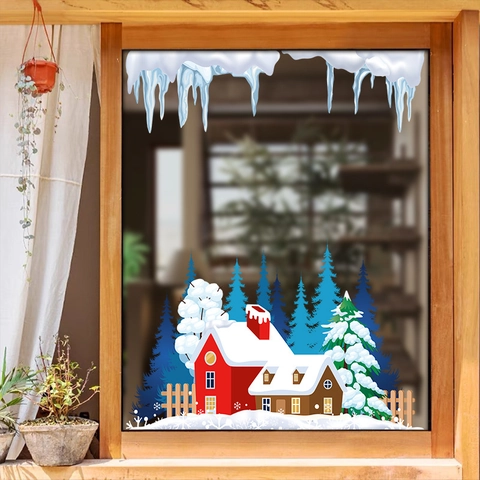 Christmas Window Stickers Static Cling PVC Winter Snow House Pine Tree Icicle Double Sided Glass Decals Festive Decor