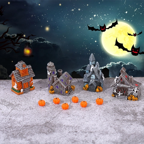 Ensemble Ornements Miniatures Halloween Maison Hantée Résine Araignées Chauves-souris Citrouilles Plastique Décor