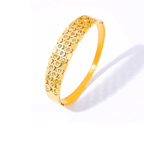 Gold Plated Titanium Steel Bangle Hollow Geometric Honeycomb Inlaid Rhinestone Elegant Chic Jewelry For Women