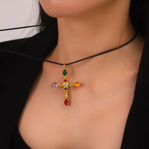 Roestvrijstalen Kruis Hanger Ketting Met Gekleurde Edelstenen Kunstparel Vintage High End Byzantijnse Stijl Voor Dames