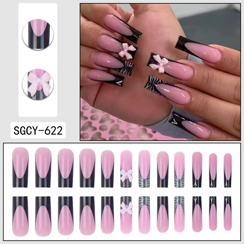 Μακριά Ψεύτικα Νύχια Coffin Press On Ροζ Μαύρο French Tip Zebra Print 3D Φιόγκος Διακοσμητικά Τεχνητά Νύχια Γυναικεία