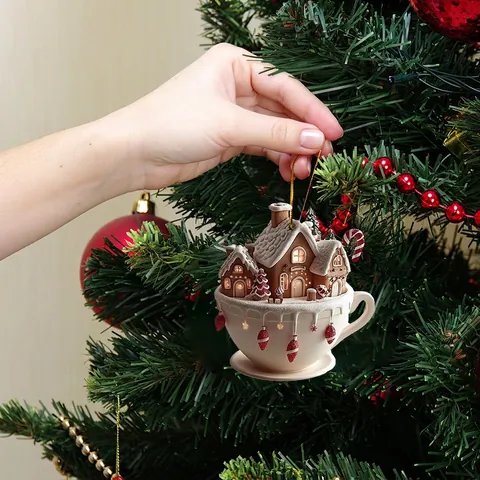 Christmas Snow House Coffee Cup Hanging Ornament Acrylic Gingerbread House Pendant For Car Interior Backpack Tree Decor