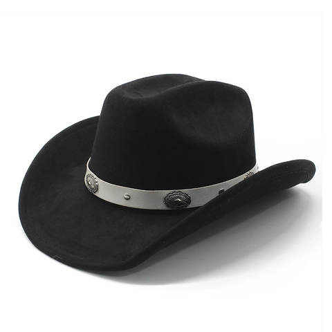 Unisex Western Cowboy Hat Suede Large Brim Sun Protection Prairie Style With Leather Band Metal Concho